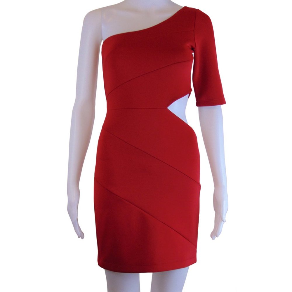Red One Shoulder Peek a Boo Side Bodycon Dress S